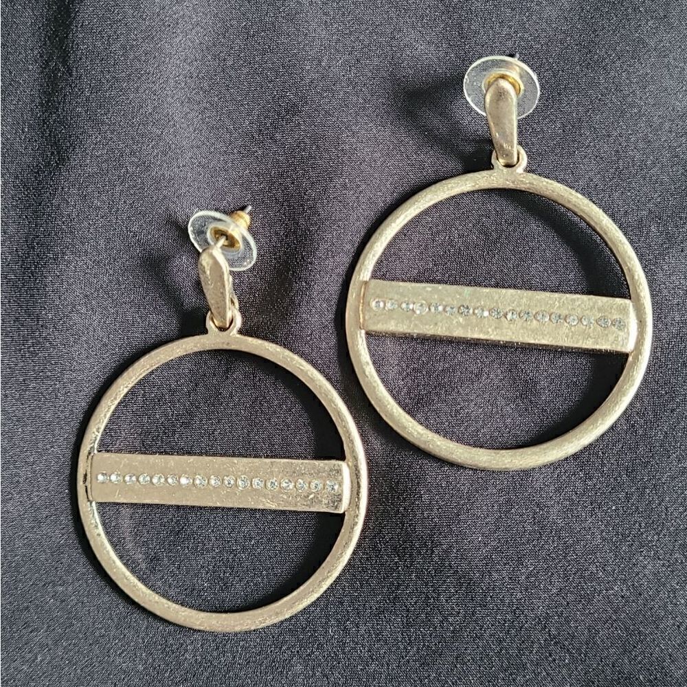 Gold Tone Circular Hoop Rhinestone Accent Post Earrings